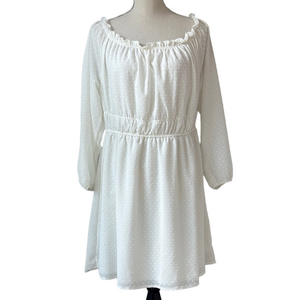 H&M Divided White Swiss Dot Long Sleeved Dress Gathered Neck Size XL